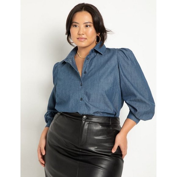 🖤 NEW Eloquii Puff Sleeve Chambray Button Down Blouse Shirt - Picture 3 of 6